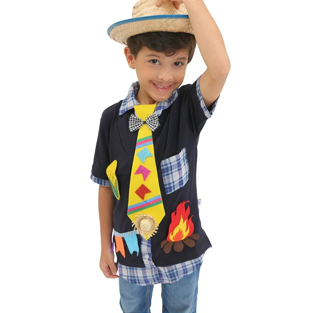 Camisa Infantil Festa Junina - Gravata, Fogueira e Bandeirinhas