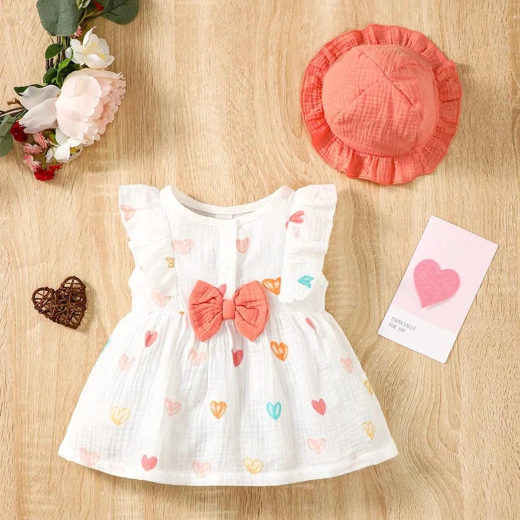 Vestido de Bebê Corações Coloridos com Laço e Chapéu