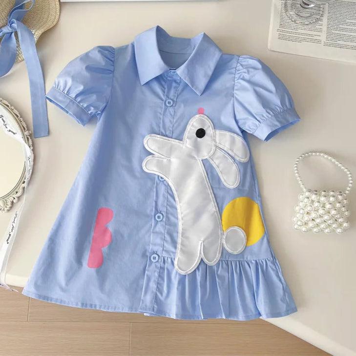 Vestido de Bebê Xadrez Azul com Aplique de Coelhinho
