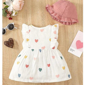 Vestido de Bebê Corações Coloridos com Laço e Chapéu