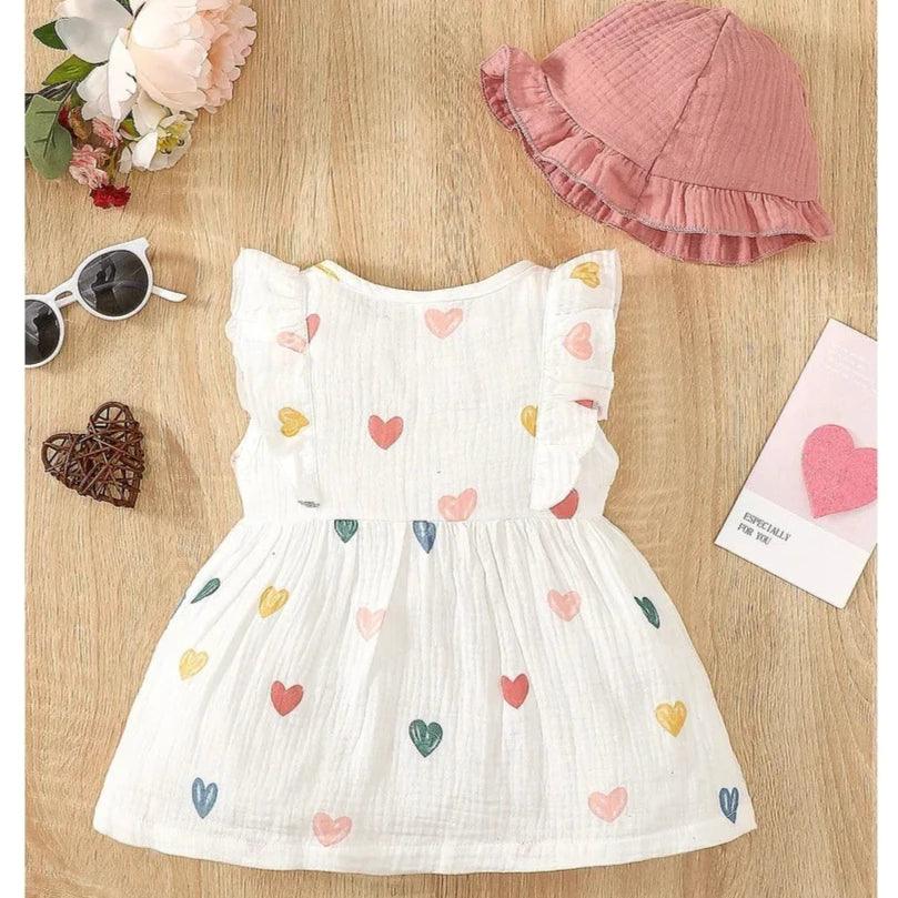 Vestido de Bebê Corações Coloridos com Laço e Chapéu