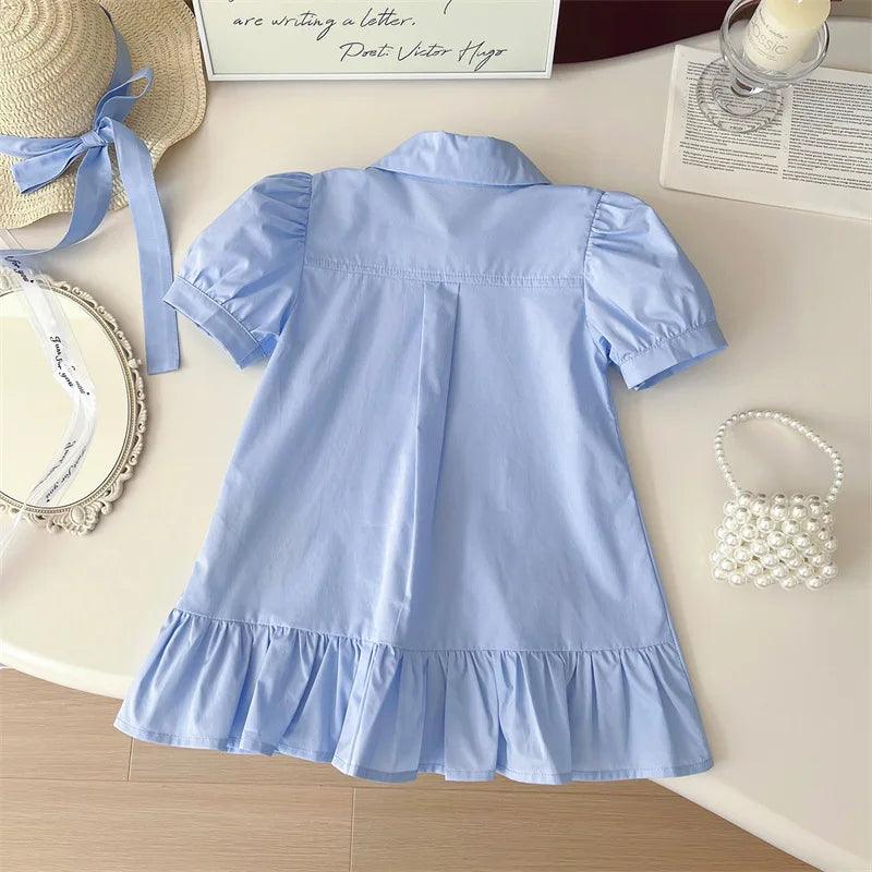 Vestido de Bebê Xadrez Azul com Aplique de Coelhinho