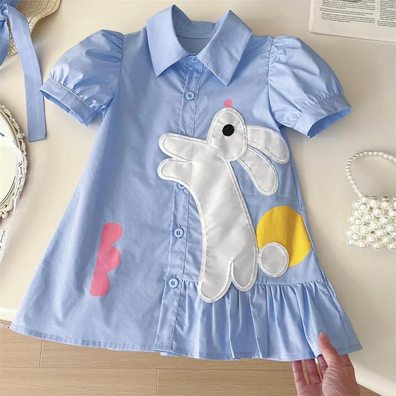 Vestido de Bebê Xadrez Azul com Aplique de Coelhinho