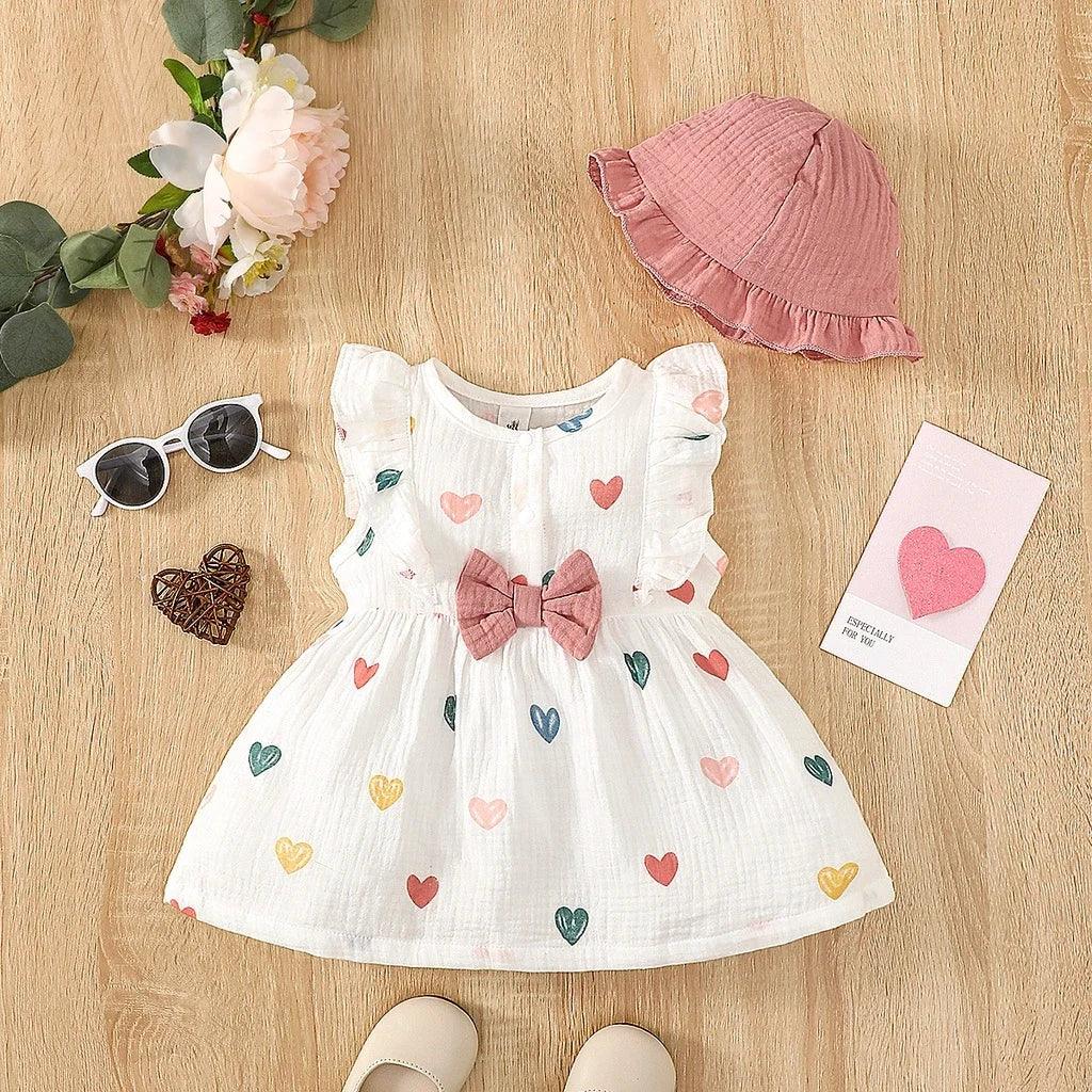 Vestido de Bebê Corações Coloridos com Laço e Chapéu
