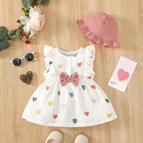 Vestido de Bebê Corações Coloridos com Laço e Chapéu