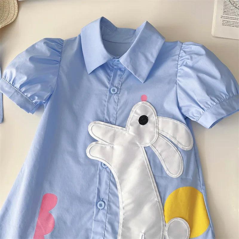 Vestido de Bebê Xadrez Azul com Aplique de Coelhinho