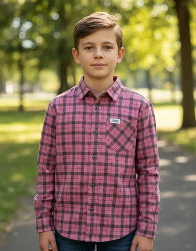 Camisa Xadrez Flanelada Menino Infantil Manga Longa Rosa