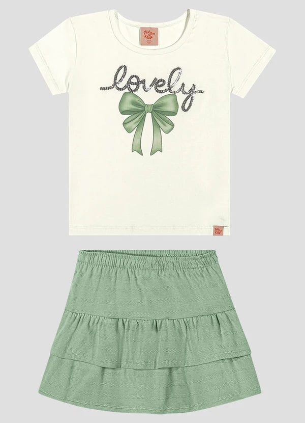 Conjunto Blusa Cotton e Saia Stripe Bege