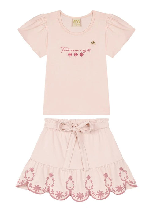 Conjunto Blusa e Saia em Cotton Penteado Rosa