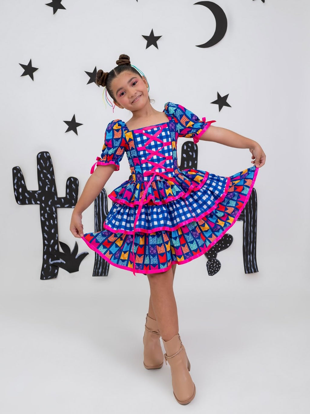 Vestido de Festa Junina - Azul Bandeirinhas