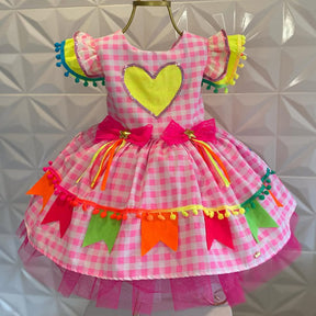 Vestido Infantil Festa Junina Bandeirinhas Xadrez Rosa
