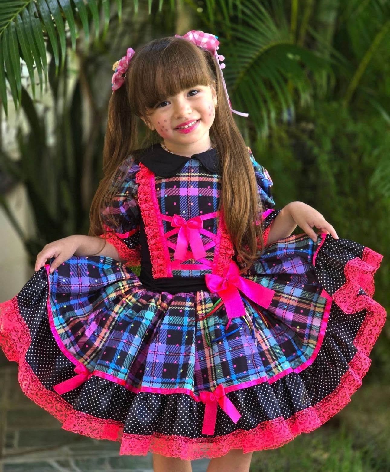 Vestido de Festa Junina - Rosa Pink com Preto