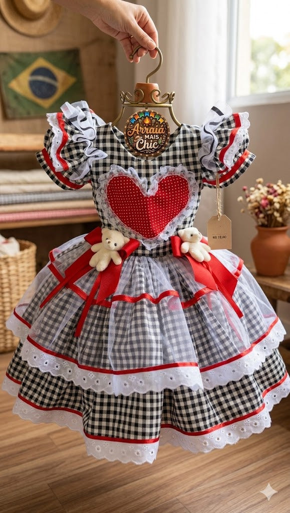 Vestido Festa Junina - Coração de Ursinho
