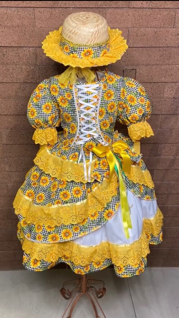 Vestido Festa Junina - Girassol Encantado + Chapéu Combinando