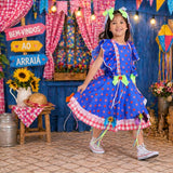 Vestido Festa Junina Infantil CHURROS Rosa e Azul LUXO