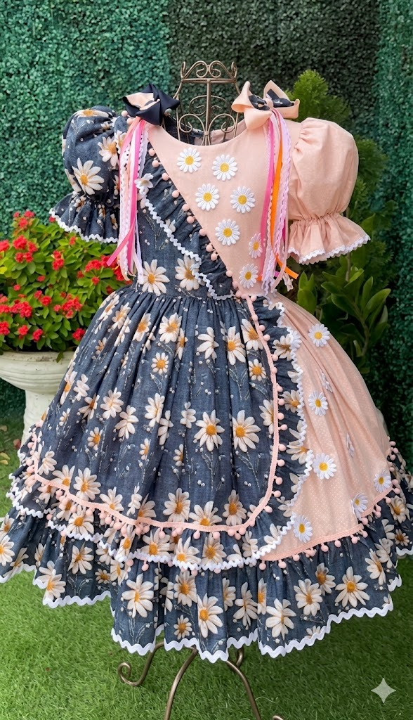 Vestido Festa Junina - Margarida Encantada Azul/Rosé