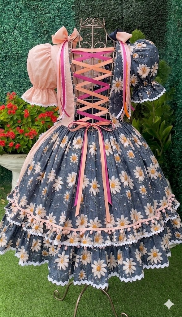 Vestido Festa Junina - Margarida Encantada Azul/Rosé