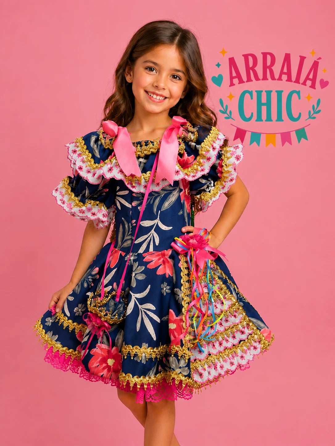 Vestido Infantil de Festa Junina Luxo Azul Marinho Floral Detalhes Rosa + Bolsinha