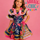 Vestido Infantil de Festa Junina Luxo Azul Marinho Floral Detalhes Rosa + Bolsinha