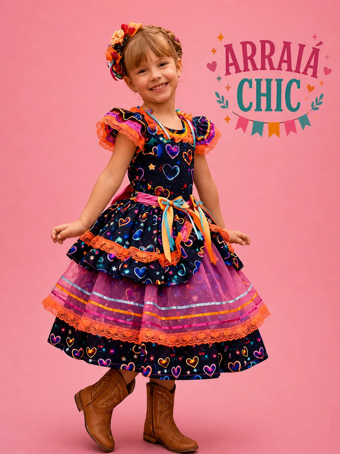 Vestido Infantil de Festa Junina Luxo Chuva de Amor - Algodão