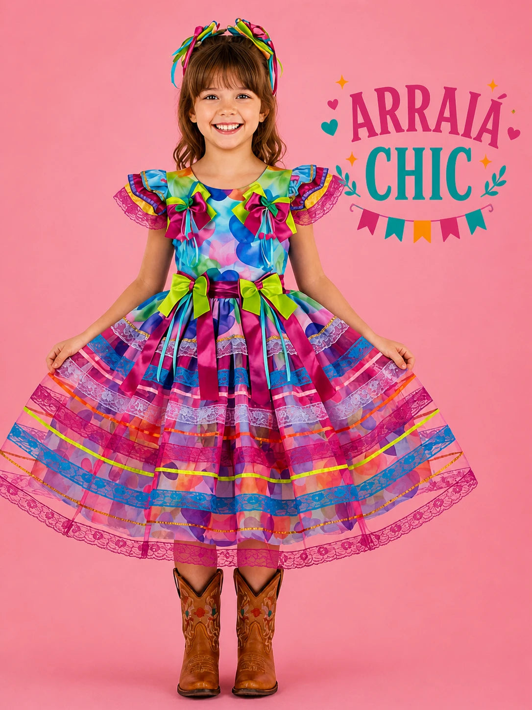 Vestido Infantil de Festa Junina Luxo Corações Candy Colors - Algodão