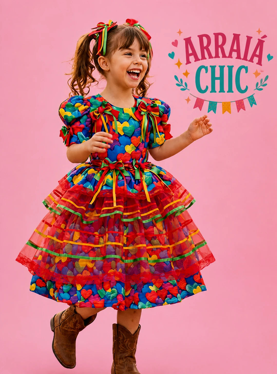 Vestido Infantil de Festa Junina Luxo Corações de Arraiá - Algodão