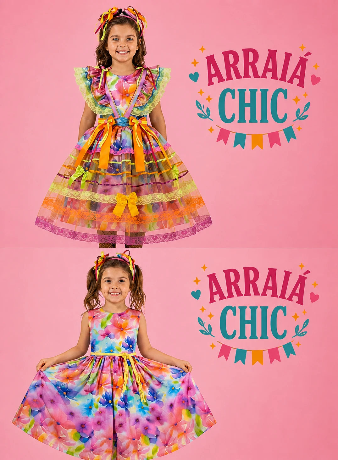 Vestido Infantil de Festa Junina Luxo Floral 2 em 1 - Algodão