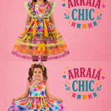 Vestido Infantil de Festa Junina Luxo Floral 2 em 1 - Algodão
