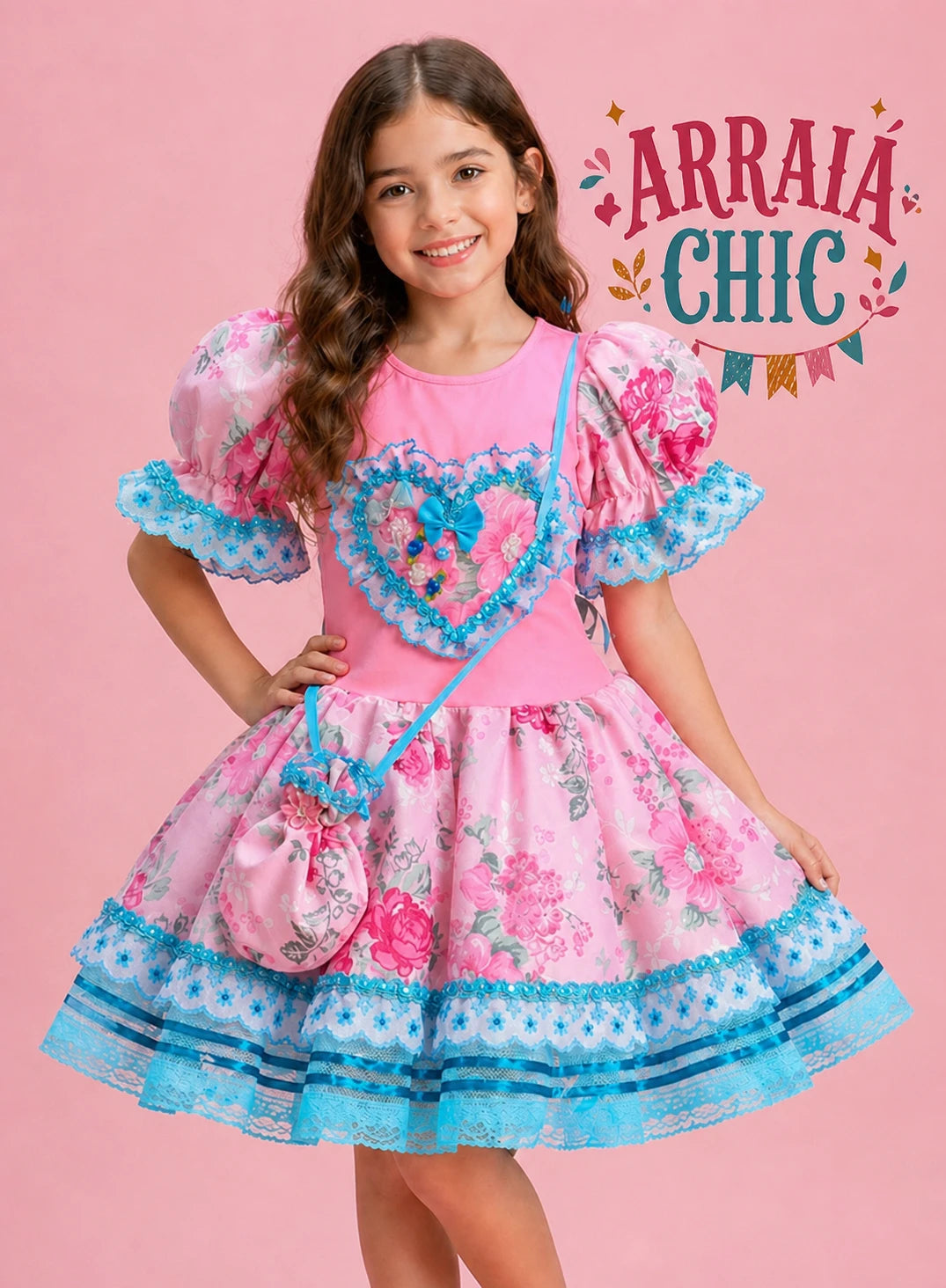 Vestido Infantil de Festa Junina Luxo Rosa e Azul Coração Toque Neon + Bolsinha