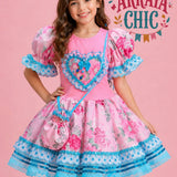 Vestido Infantil de Festa Junina Luxo Rosa e Azul Coração Toque Neon + Bolsinha