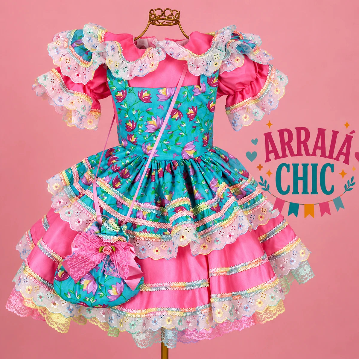 Vestido Infantil de Festa Junina Luxo Rosa Neon e Avental Floral + Bolsinha