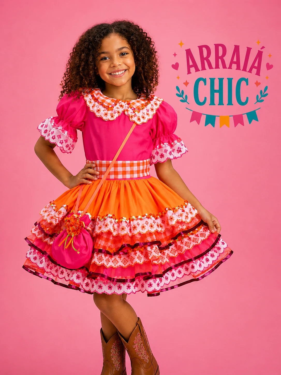 Vestido Infantil de Festa Junina Luxo Rosa Neon e Xadrez Laranja + Bolsinha