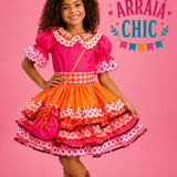 Vestido Infantil de Festa Junina Luxo Rosa Neon e Xadrez Laranja + Bolsinha