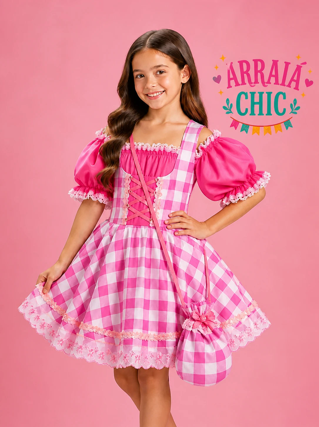 Vestido Infantil de Festa Junina Luxo Rosa Xadrez e Toque Neon + Bolsinha