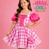 Vestido Infantil de Festa Junina Luxo Rosa Xadrez e Toque Neon + Bolsinha