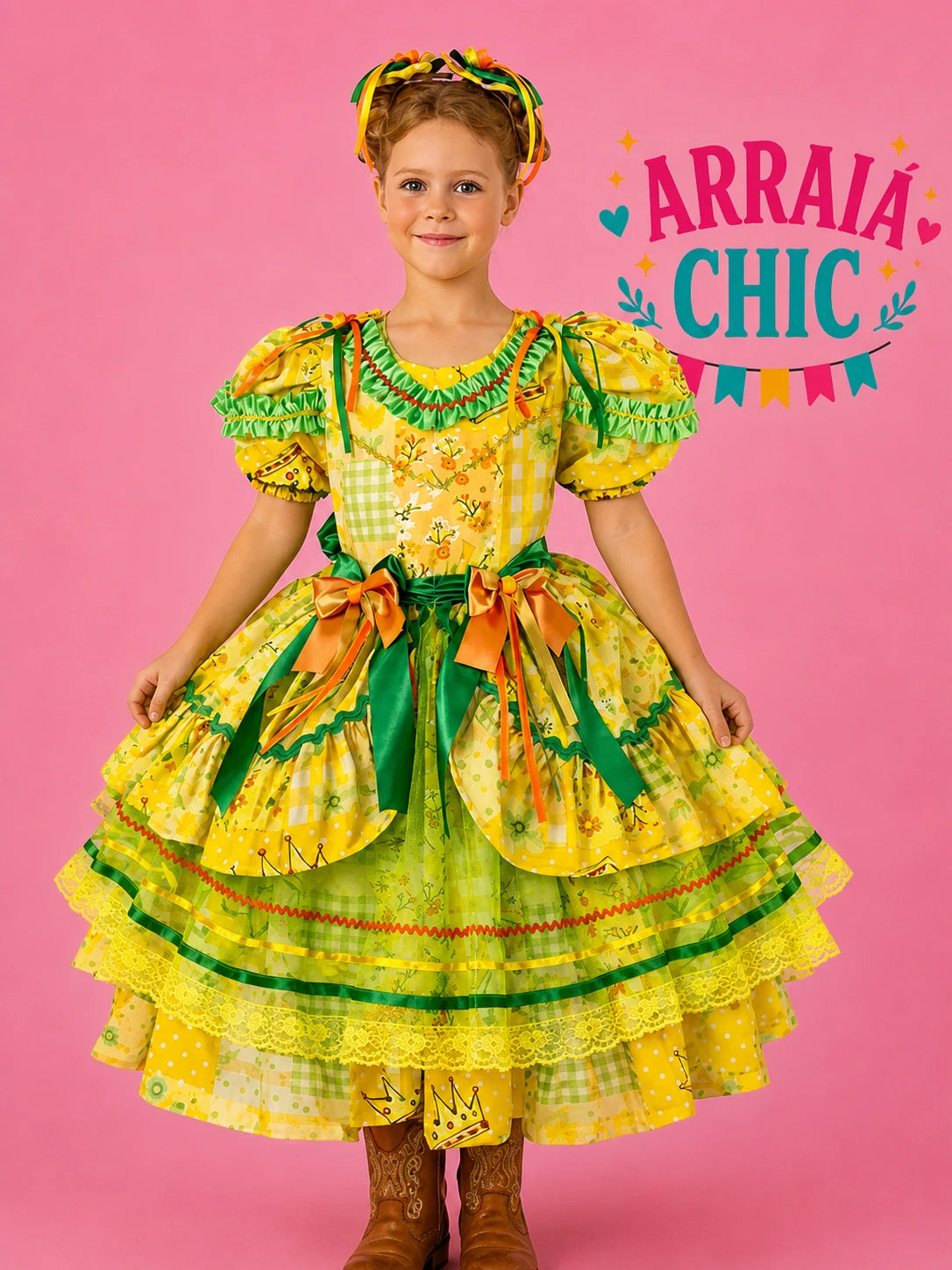 Vestido Infantil de Festa Junina Luxo Verde e Amarelo Rainha do Milho - Algodão