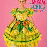 Vestido Infantil de Festa Junina Luxo Verde e Amarelo Rainha do Milho - Algodão
