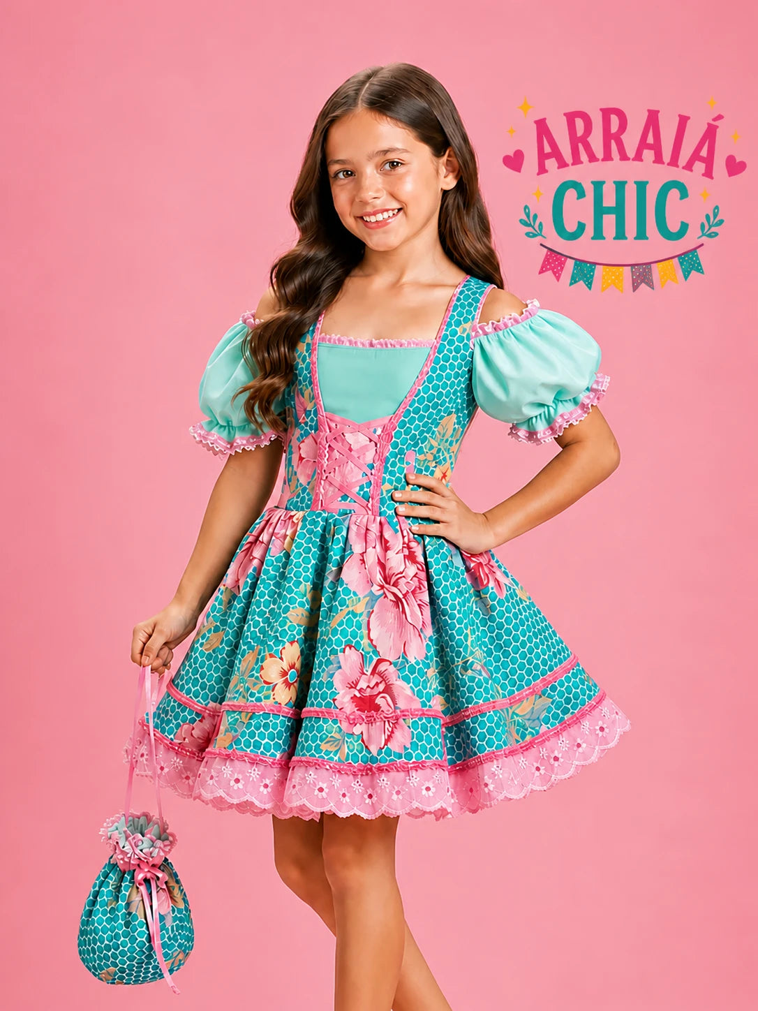 Vestido Infantil de Festa Junina Luxo Verde Floral + Bolsinha