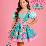 Vestido Infantil de Festa Junina Luxo Verde Floral + Bolsinha