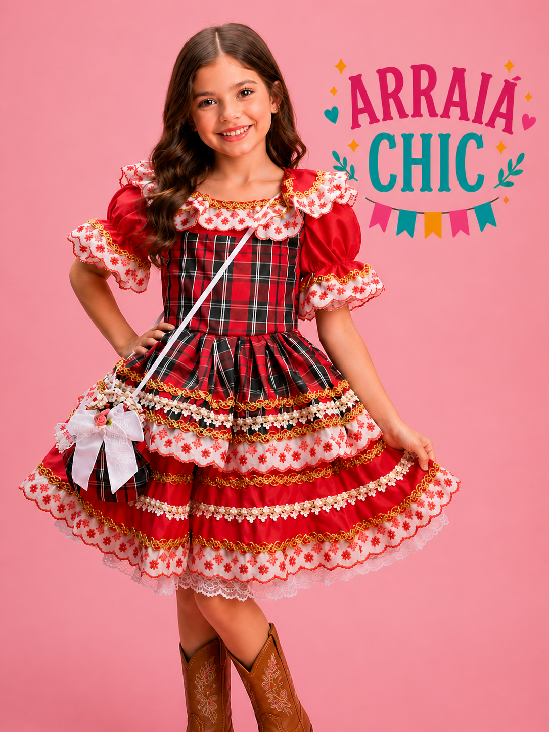 Vestido Infantil de Festa Junina Luxo Vermelho Detalhe Xadrez + Bolsinha