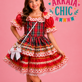Vestido Infantil de Festa Junina Luxo Vermelho Detalhe Xadrez + Bolsinha