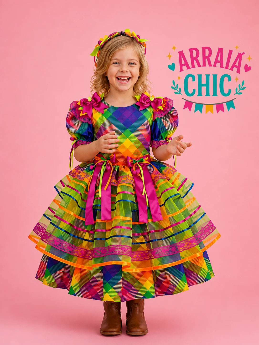 Vestido Infantil de Festa Junina Luxo Xadrez Colorido- Algodão