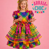 Vestido Infantil de Festa Junina Luxo Xadrez Colorido- Algodão