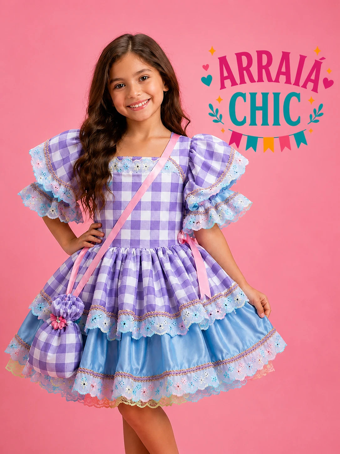 Vestido Infantil de Festa Junina Luxo Xadrez Lilás Detalhe Candy + Bolsinha