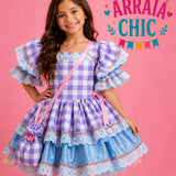 Vestido Infantil de Festa Junina Luxo Xadrez Lilás Detalhe Candy + Bolsinha