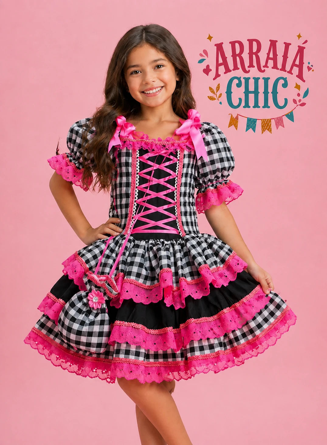 Vestido Infantil de Festa Junina Luxo Xadrez Preto e Rosa Neon + Bolsinha