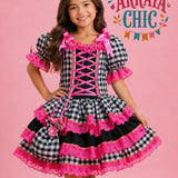 Vestido Infantil de Festa Junina Luxo Xadrez Preto e Rosa Neon + Bolsinha