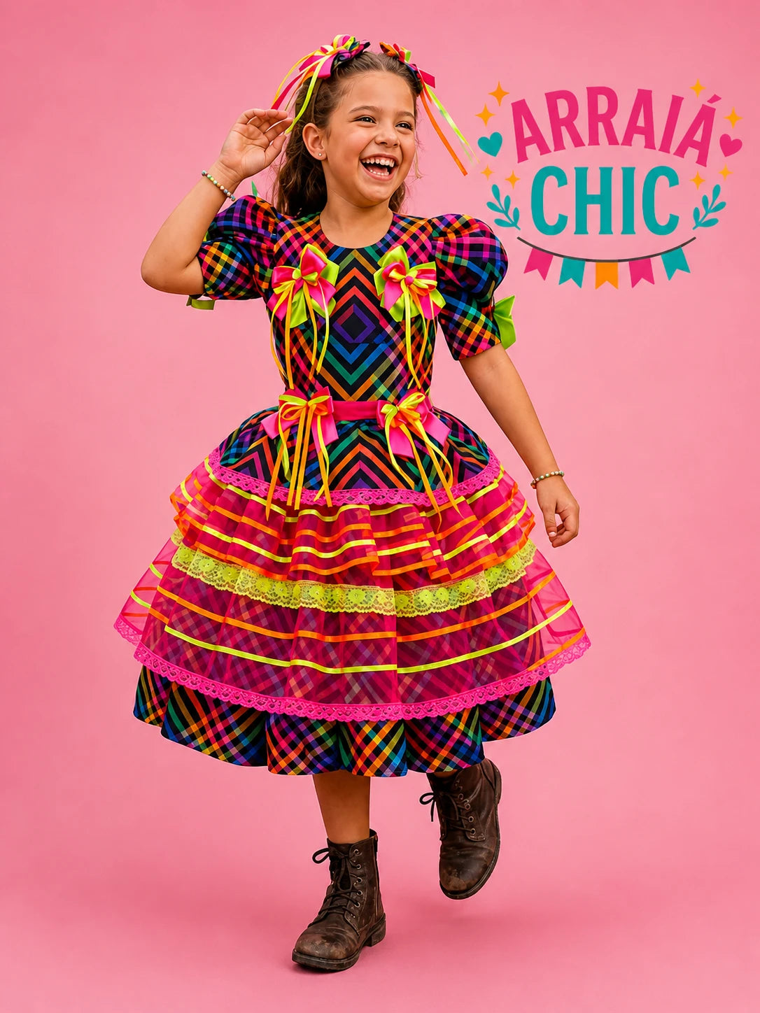 Vestido Infantil de Festa Junina Luxo Xadrez Toque Neon - Algodão