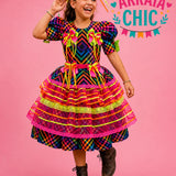 Vestido Infantil de Festa Junina Luxo Xadrez Toque Neon - Algodão