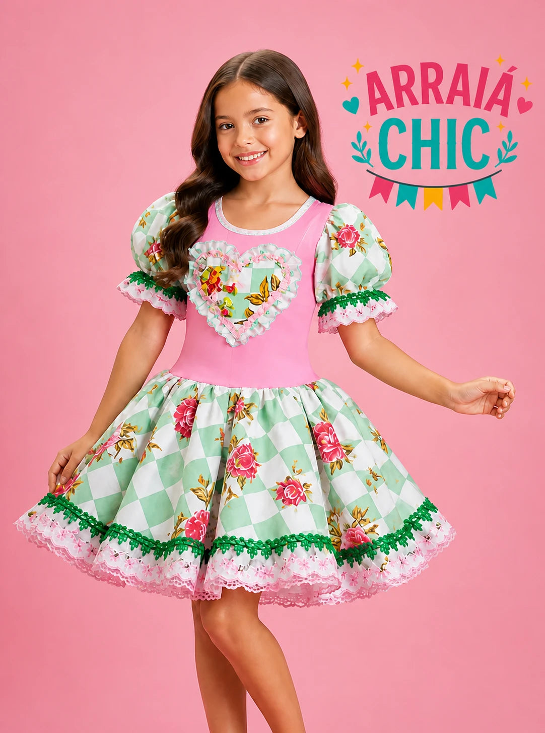 Vestido Infantil de Festa Junina Luxo Xadrez Verde Detalhes Rosa + Bolsinha
